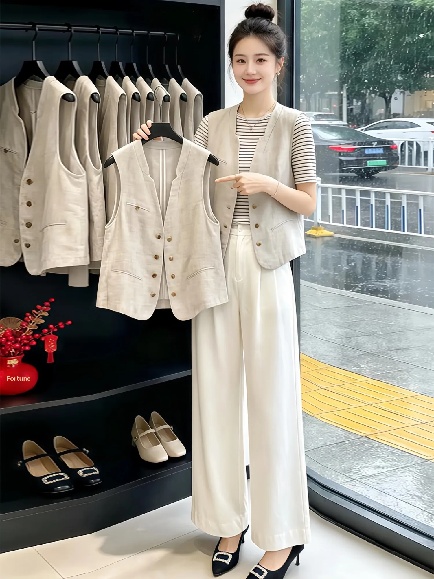 

Stylish Vintage V-Neck Sleeveless Suit Vest Women's Summer Fashionable Layering Shoulder Pad Jacket Top Buttoned Inner Wear