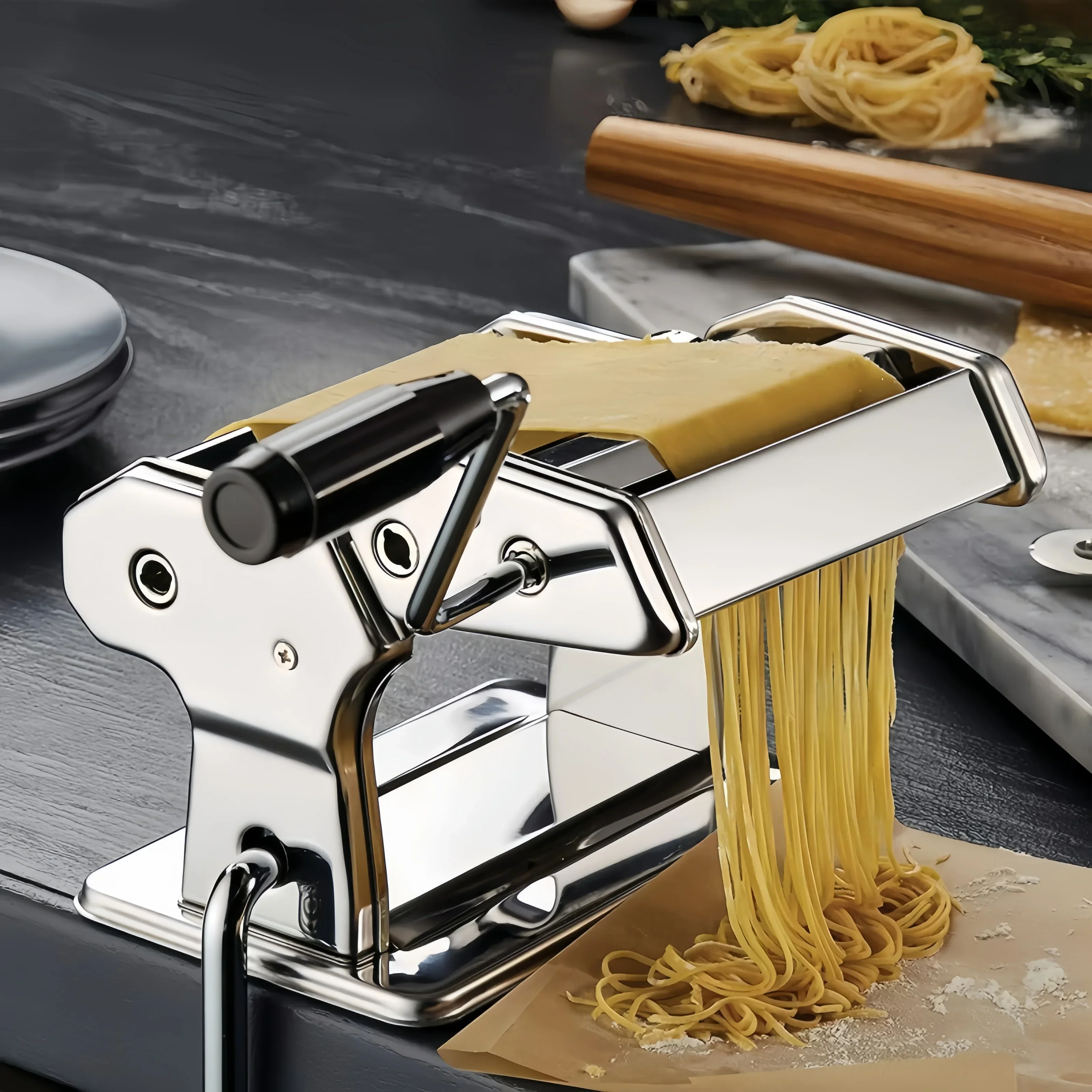 Máquina para hacer fideos de acero inoxidable con mango extraíble, herramientas manuales para prensa de Pasta, placa de masa fresca creativa a la moda