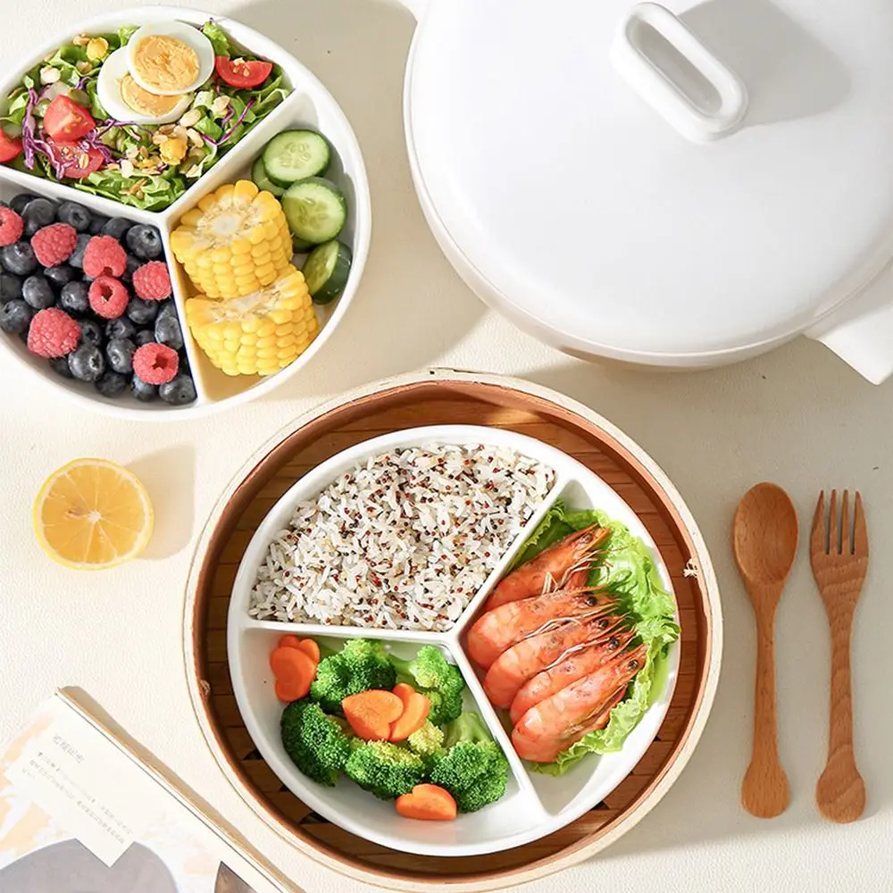 

Тарелка для ужина с 3 секциями, сетчатая, белая, керамическая, с разделителями, поднос для еды, силиконовая крышка, пригодная для микроволновой печи, для подачи закусок