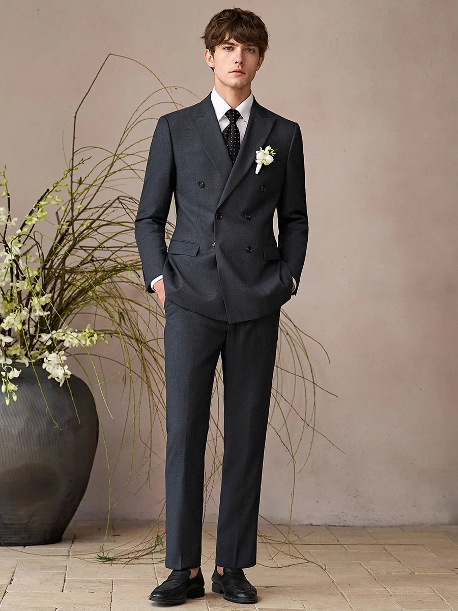 100% Wool Men Luxury Suits Double Breasted Man Suit Set Grey Slim Blazer + Vest + Pant Wedding Groom Wear Plus Size 6XL 58