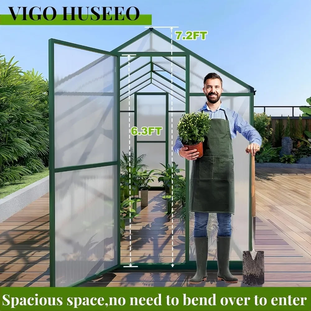 6*4FT Greenhouse for Outdoors, Polycarbonate Greenhouse with Roof Vent, Walk-in Large Aluminum Sunroom Winter Proof, Green