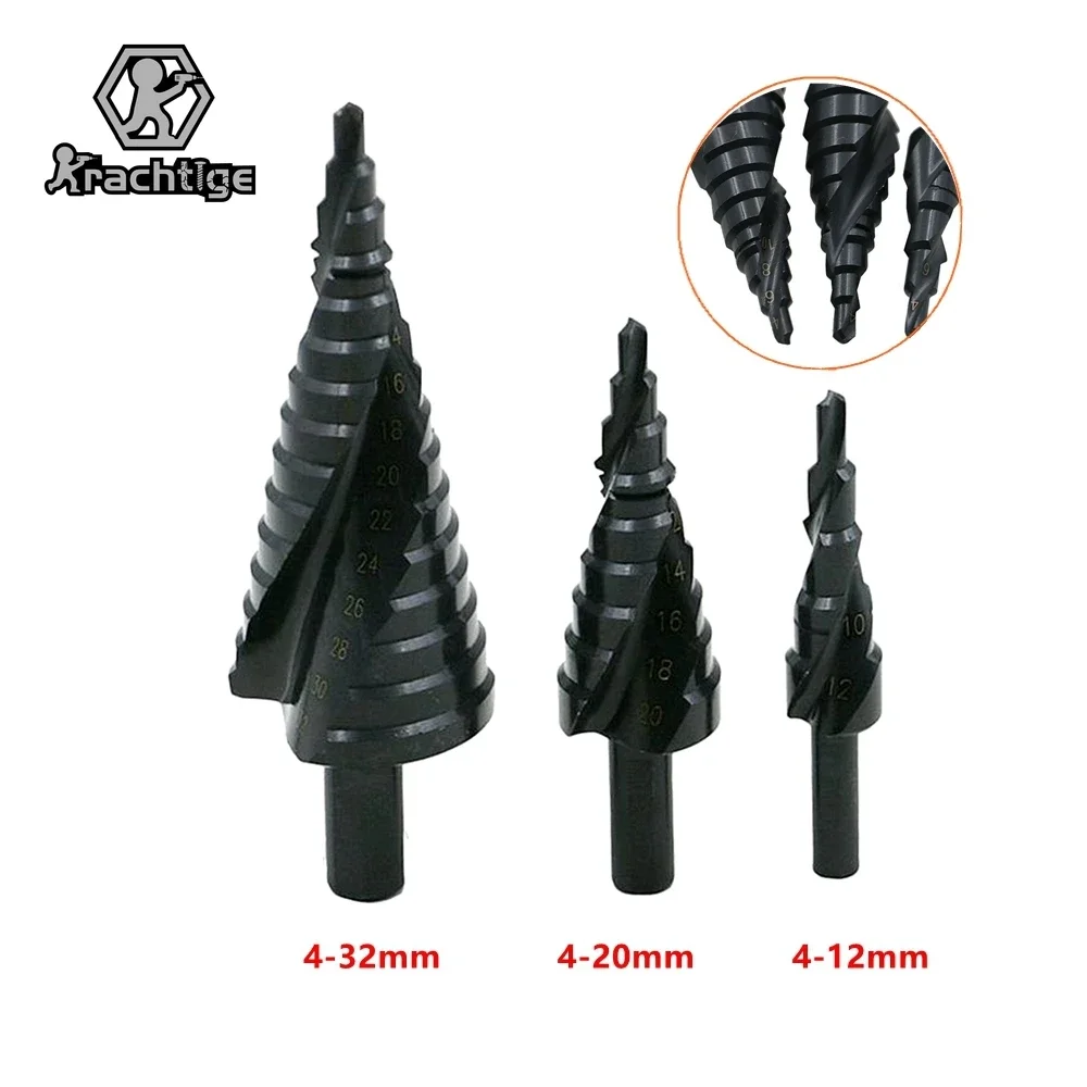 

3Pcs 4-12mm 4-20mm 4-32mm Professional Spiral Groove HSS Stepped Drill Black Nitriding Coated Core Drill Bit