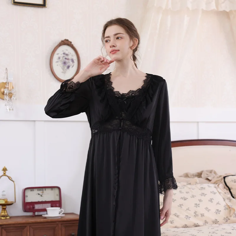 

Black 2PCS Robe Gown Set Sexy Women Lace Bathrobe Sleep Suit Casual Mesh Satin Kimono Sleepwear Nightgown Sleepshirt Loungewear