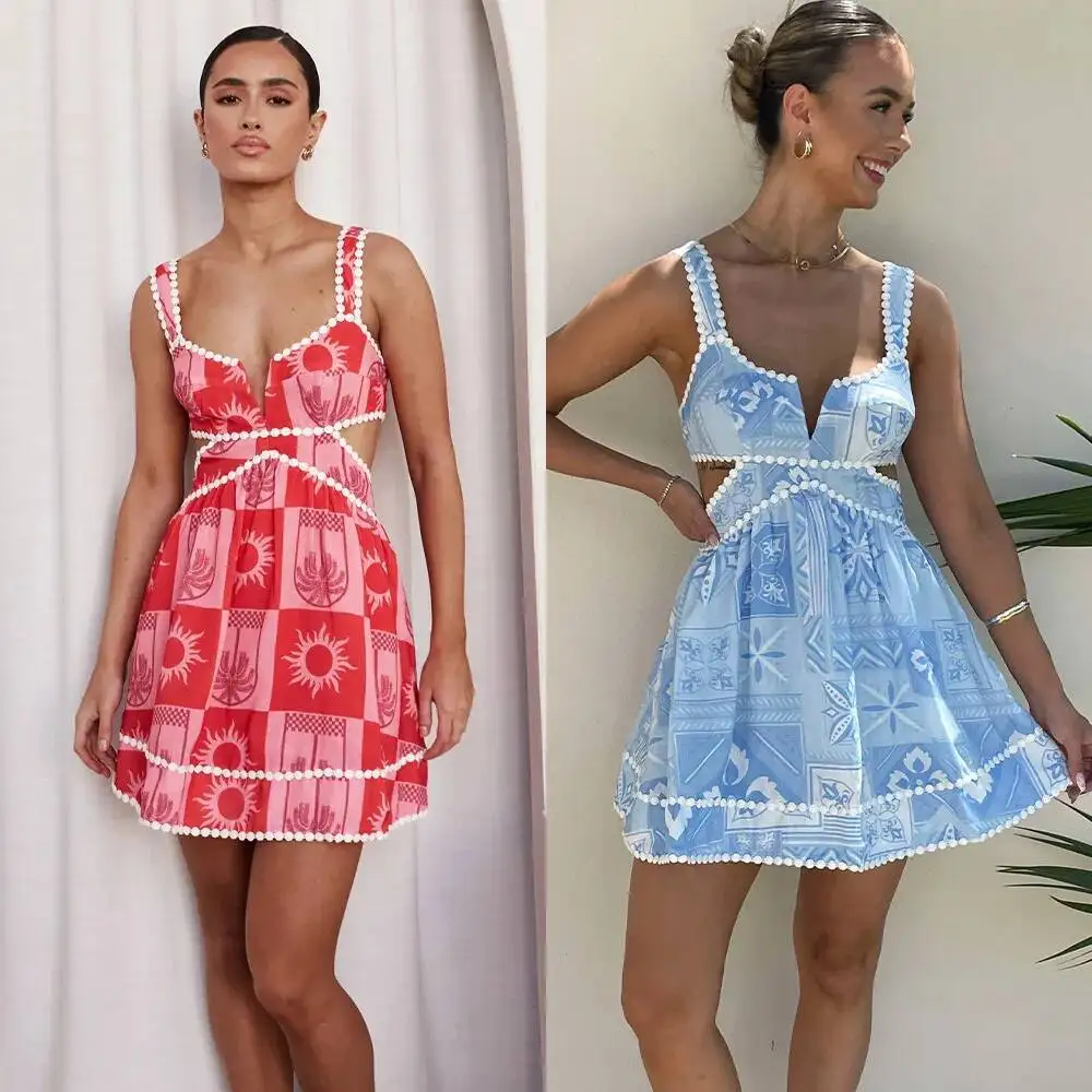 

Simple Elegant Women V-Neck Mini Dresses Fashion Ladies Block Color Suspender Dress Holiday Big Hem Hollow Waisted Party Dresses