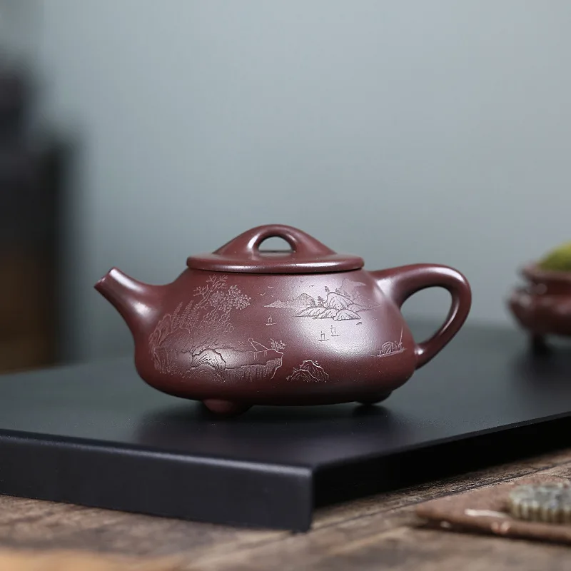 

Chinese Yixing Purple Clay Teapot Tea Pot Hand-carved Landscape Pattern Kettle Household Tradition Handmade Zisha Tea Set 300ml