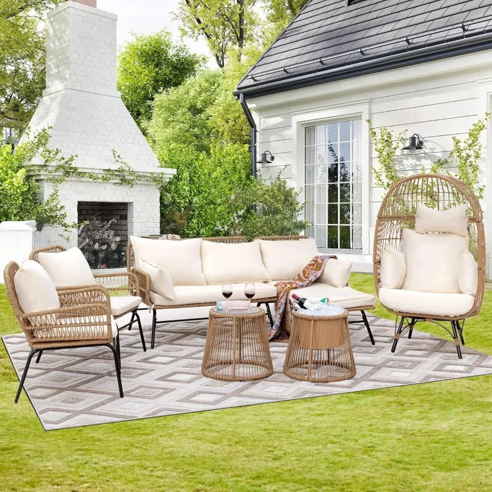 

For 7-piece Bohemian Style Outdoor Courtyard Furniture Sofa Set, Including Egg Chairs, L-shaped Leisure Chairs, And Beige