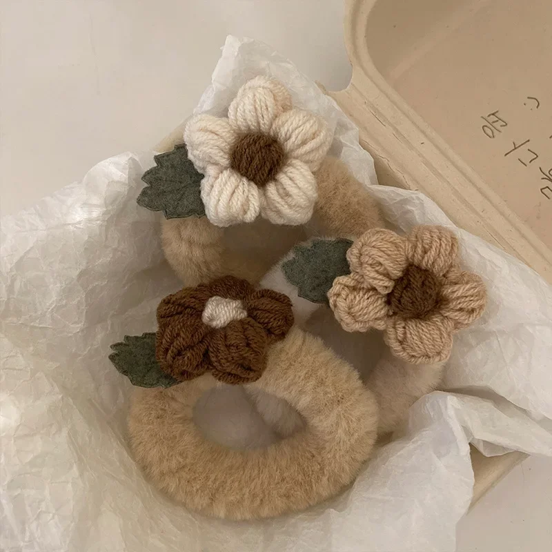 Newest Korean Woman Cute Plush Flower Hairband Elastics Hair Band Scrunchies Hair Ties Ladies Ponytail Hold Hair Accessories