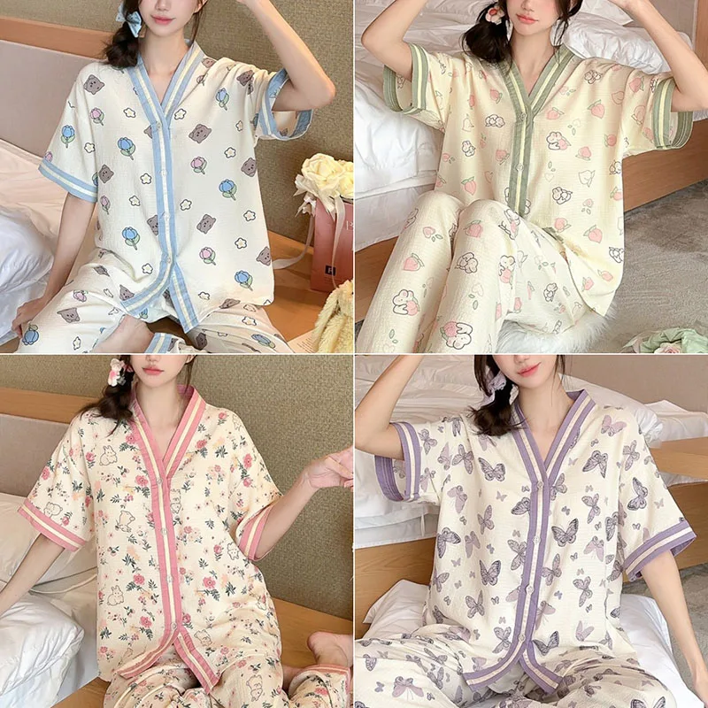 2PCS/Set Large Size Korean Version of the Casual Classic Sweet Purple Floral Pajamas Short-Sleeved Long Trousers Casual Homewear