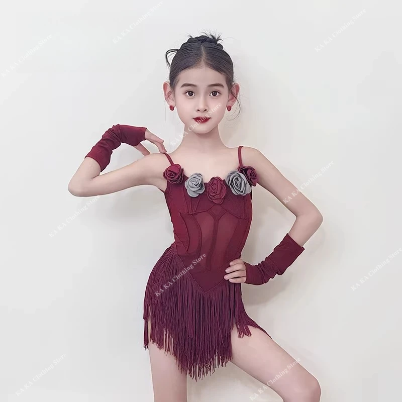 

Платье с бахромой для латиноамериканских танцев, юбка с кисточками для девочек, костюм для латиноамериканских танцев, детское платье для соревнований по бальным танцам, стандартное