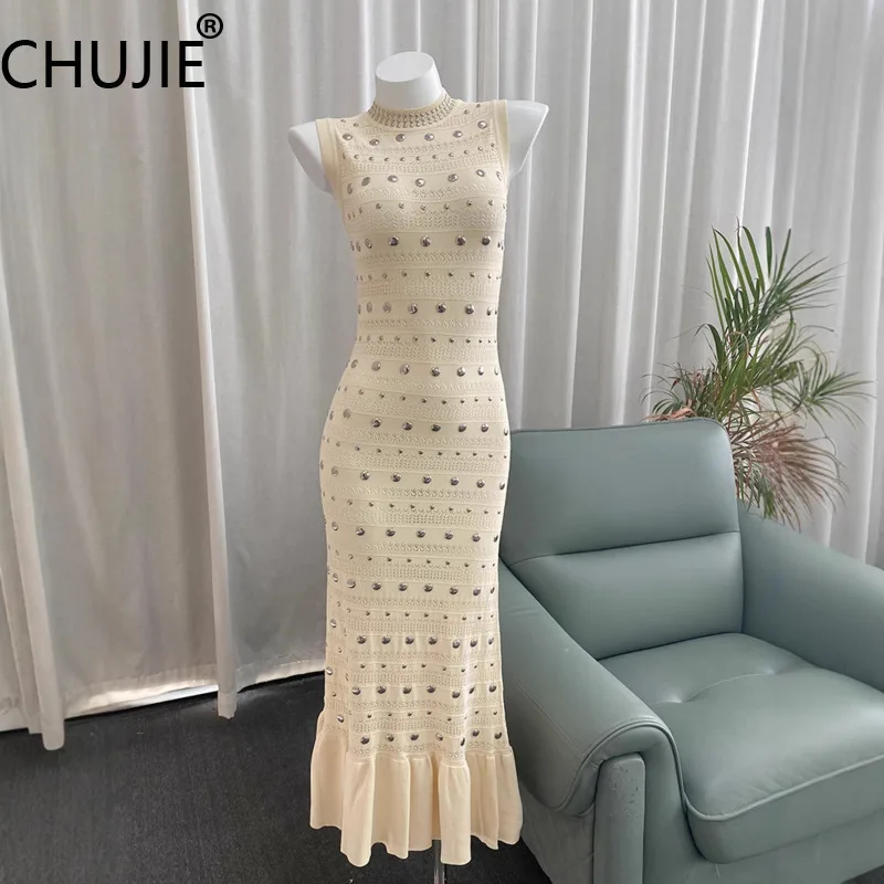 

CHUJIE Women's 2025 Summer French Style Dress - Round Neck Sleeveless Maxi Knit Dress With Studs & Ruffled Hem (Viscose Blend)
