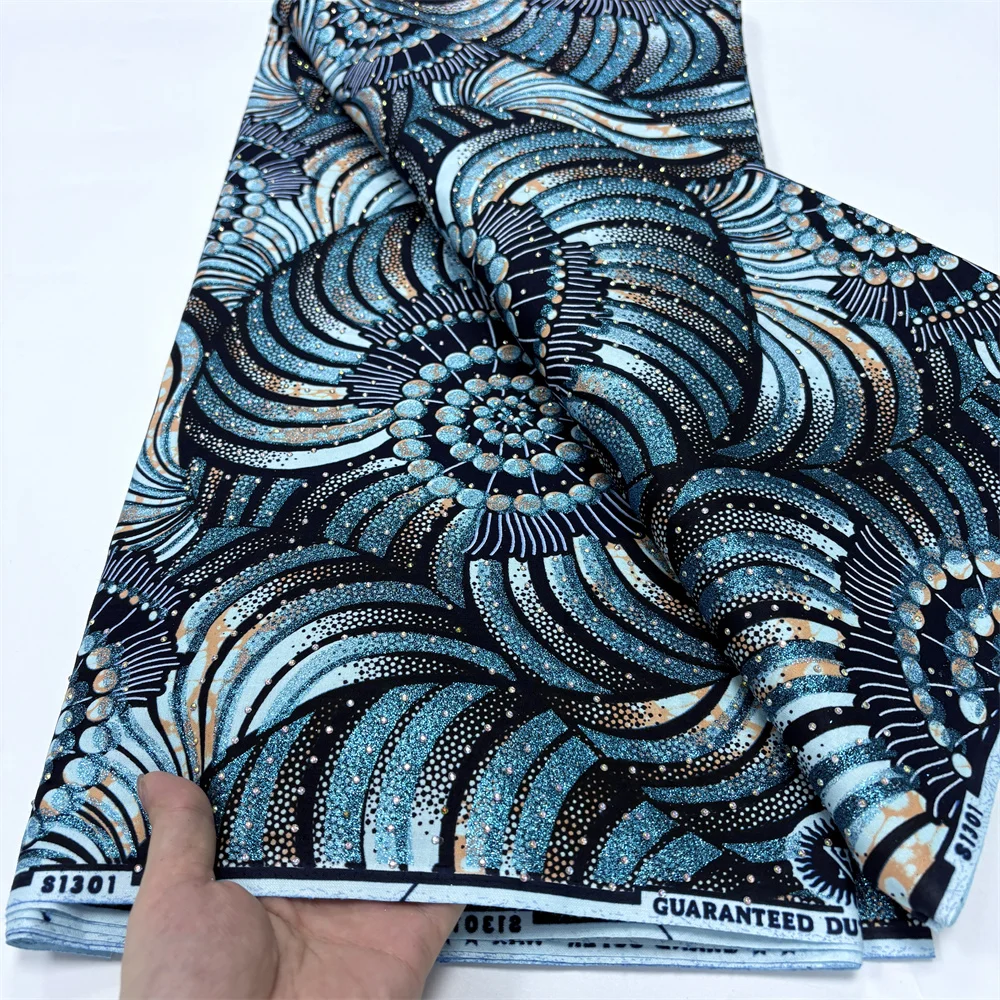 African Wax High Quality Wax Prints With Stones Shiny Wax Block Fabric Tissu For Women Dresse 6 Yards