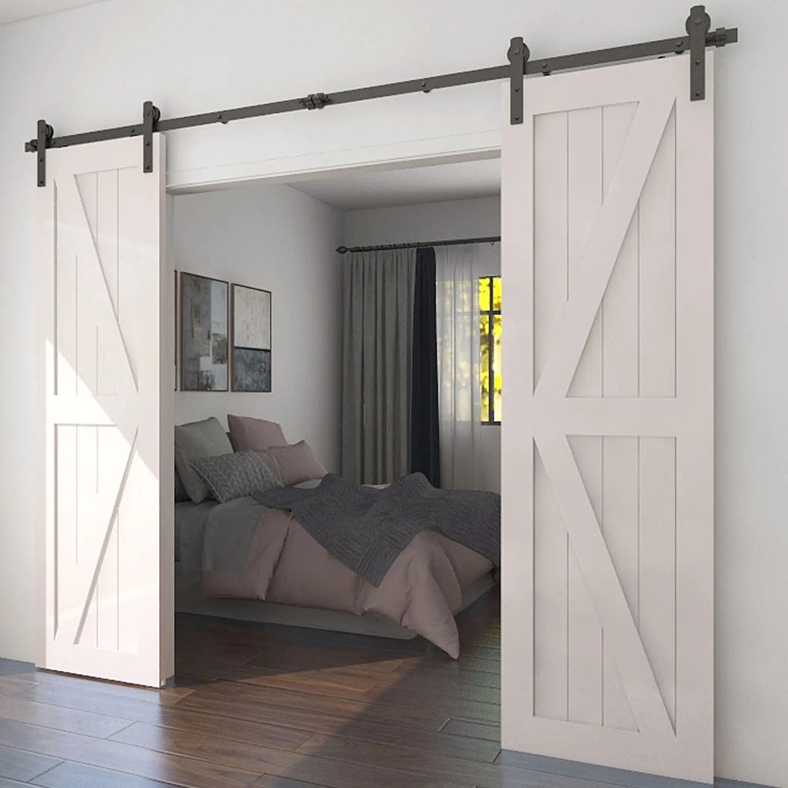 

Sliding Barn Door Hardware Kit Heavy Duty Smoothly and Quietly Easy to Install Fit Double Door Panel L-I Roller Hangers Black