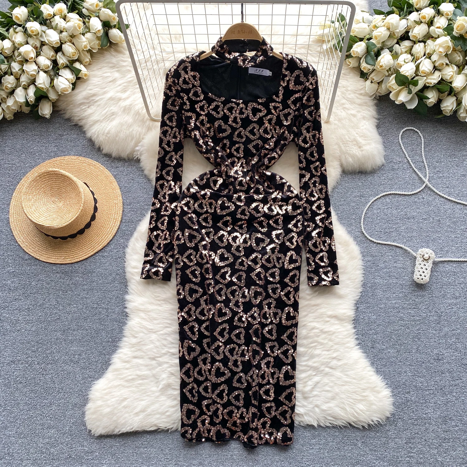 

Chic Elegant Long Sleeve Stand Collar Sequin Embroidery Dress High Waist Women Autumn Ceremonial Dress