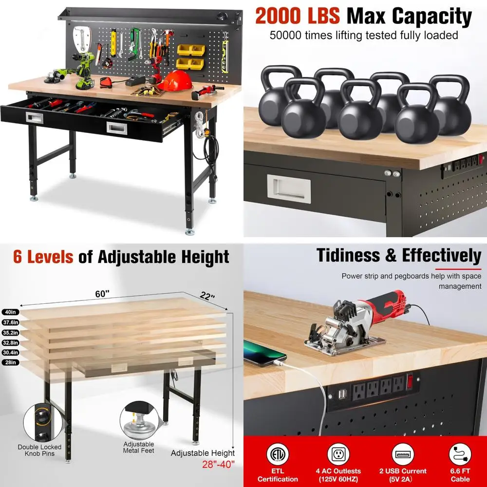 Adjustable Heavy Duty 2000 LBS Workbench with Drawers, Large Pegboard, and Strip Lighting for Garage Use