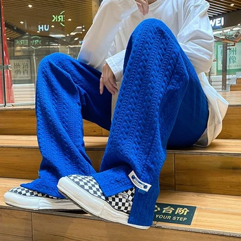 남성용 하이 스트리트 스웻팬츠 패션 루즈 캐주얼 사이드 슬릿 스트레이트 레그 팬츠, 빈티지 블루 자카드, 캐주얼 하의, 남성 의류