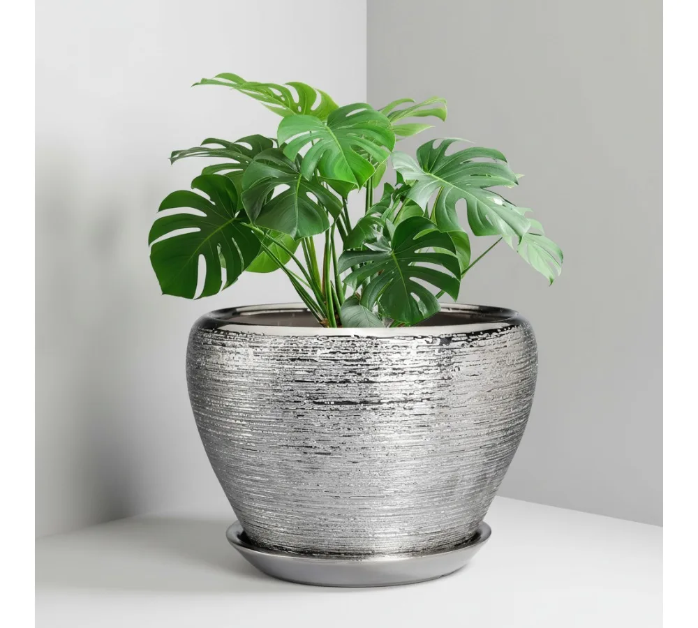

10 Inch Silver Ceramic Planter with Drainage Hole & Saucer - Modern Indoor Outdoor Plant Pot for Home Garden Decor