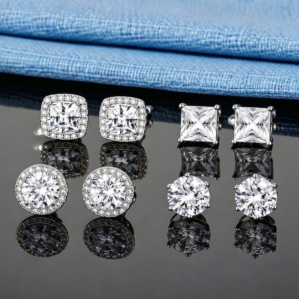 ZAKOL 8pcs Sliver Color Geometric Square Round Zirconia Stud Earrings for Women Men Dazzling CZ Ear Accessories Party Jewelry