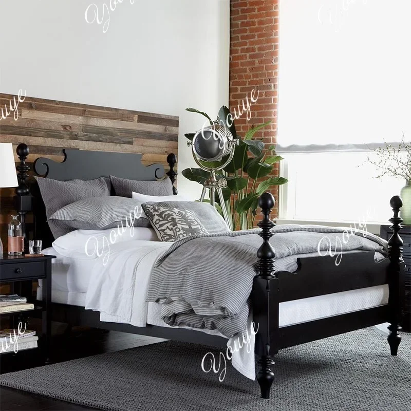 N49 J American Pastoral Solid Wood Roman Column Bedroom Black Double Bed Custom Fashion Modern Design French Bed