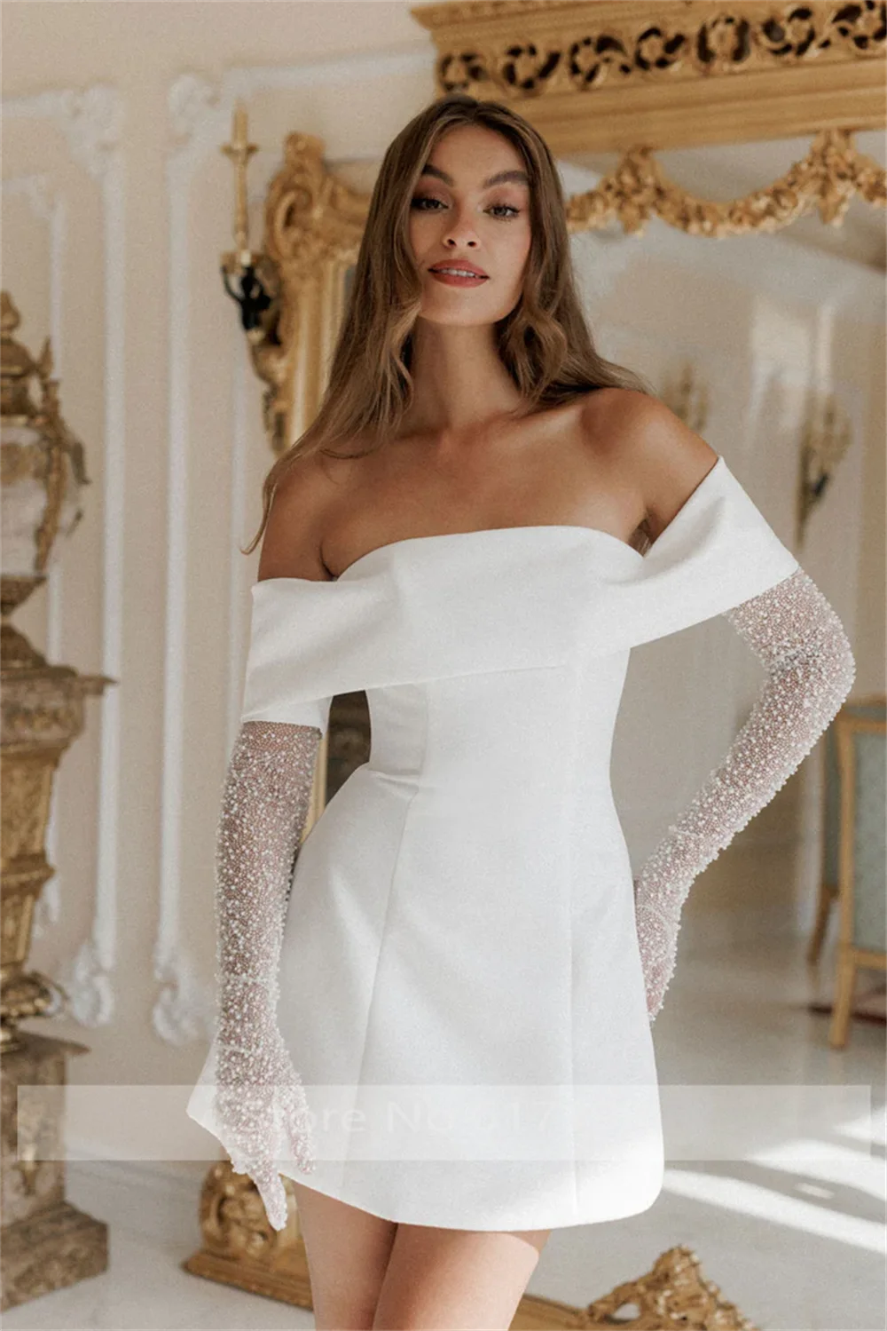 Fashion Boat Collar Satin Solid Short Mini Evening Prom Dress Backless Lace up Prom Bridal Gown with Sleeve Customized image 4