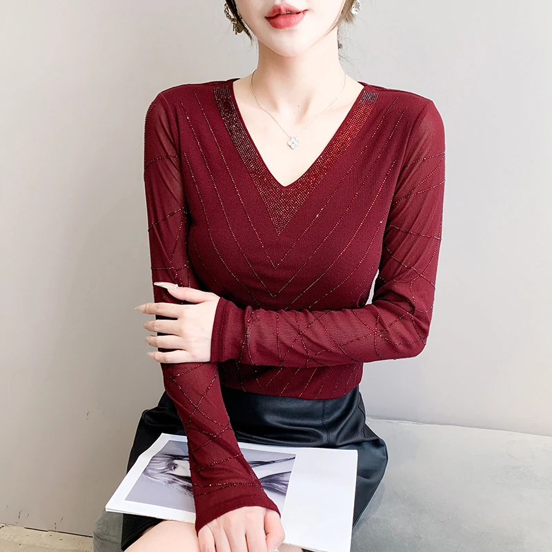 MadBlack-Women الأوروبي تي شيرت ، مثير الخامس الرقبة الماس الساخن ، الشارع الشهير كم طويل سليم S-3XL شبكة المحملة ، 2025 الخريف جديد T59740CC #3