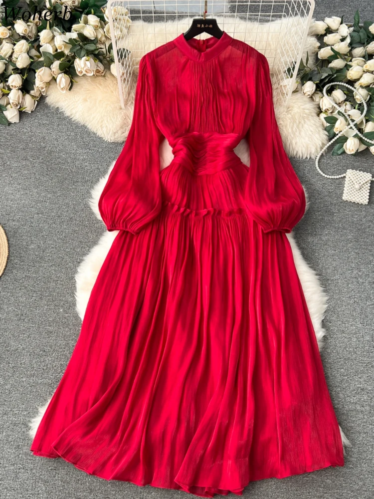 Enegant Women Vintage Dress O-neck Lantern Sleeve Solid Robe Femme 2025 Vestidos De Mujer Tunic Temperament Pleated Maxi Dresses