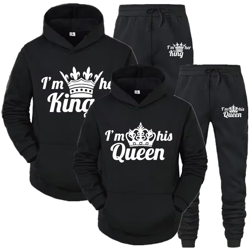 

Men's Women's King Queen Couple clothes Tracksuit ​Set Hoodie + Pants 2Pcs Fleece Warm Sportwear Homme Streetwear Suit Clothing