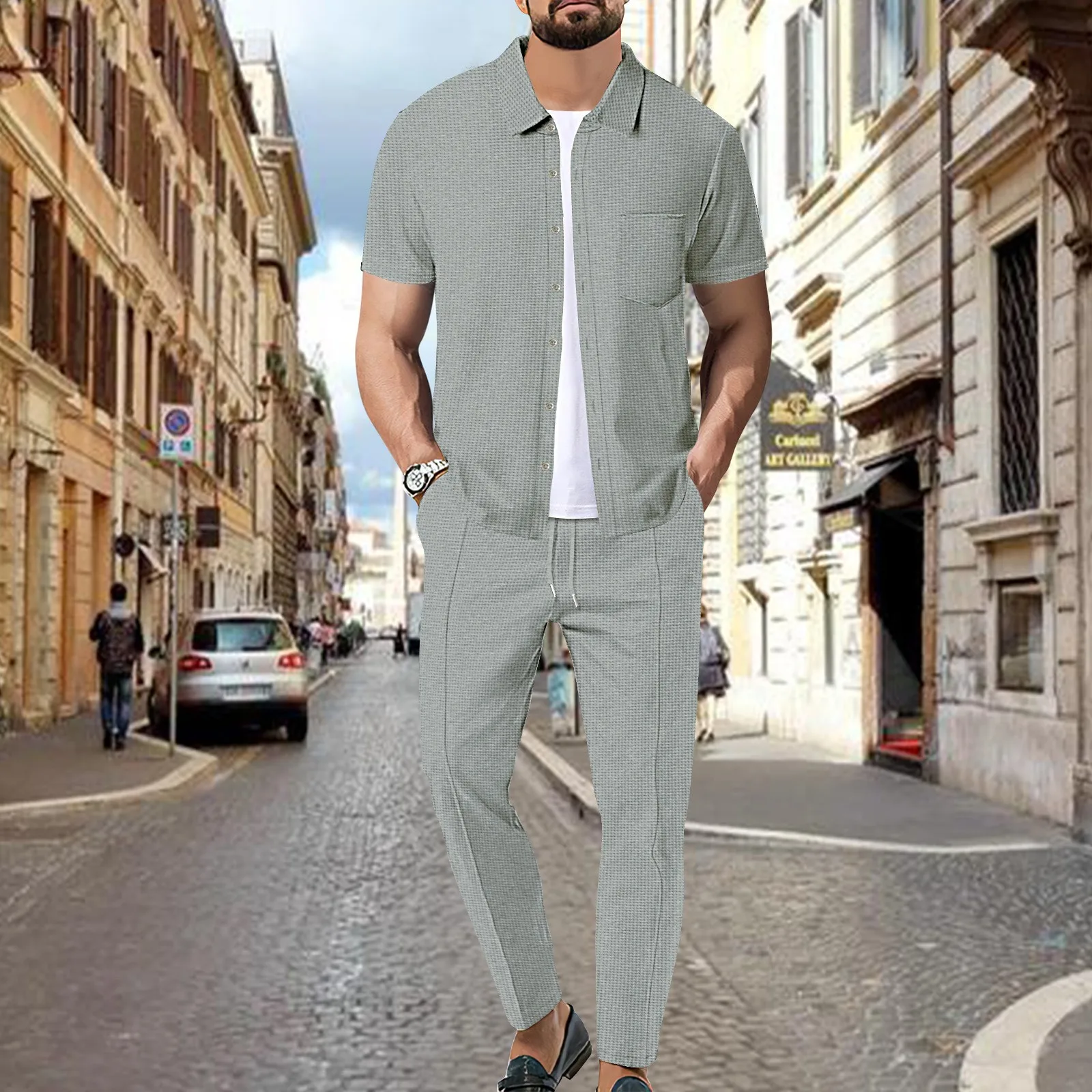 2024 new Europe and the United States cross-border men\'s fashion casual sports Waffle short-sleeved shirt pants suit