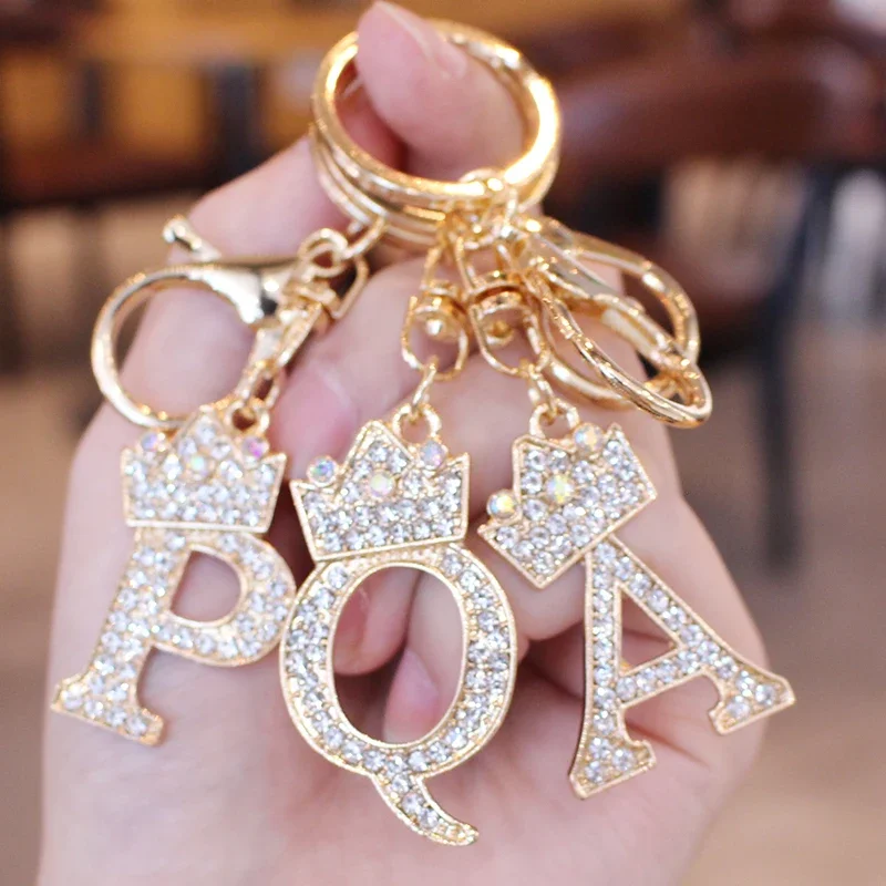 26 Initial Letter Rhinestone Keychain For Women Charm Crystal Crown Gold Plated Key Ring Bag Car Key Chains DIY Accessoreis