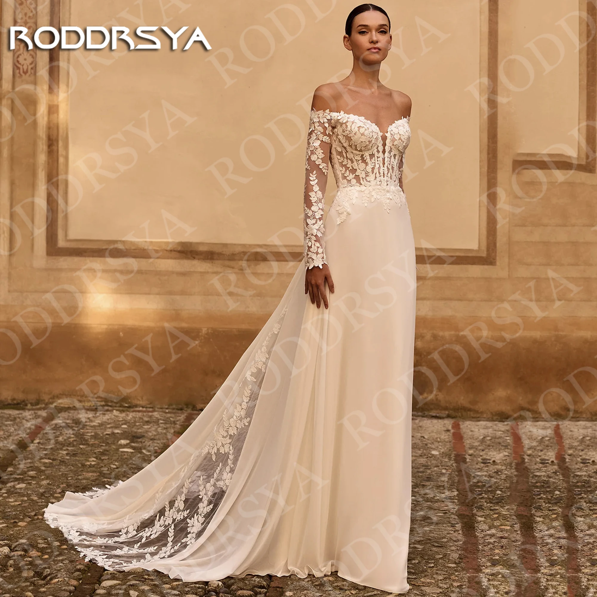 RODDRSYA Brautkleider schulterfrei A-Linie lange Ärmel Bohemian-Stil Spitzenapplikation Chiffon Brautkleid maßgeschneidert Brautkleider Off Shoulder A Line Langarm Bohemian Spitze Applikation Chiffon