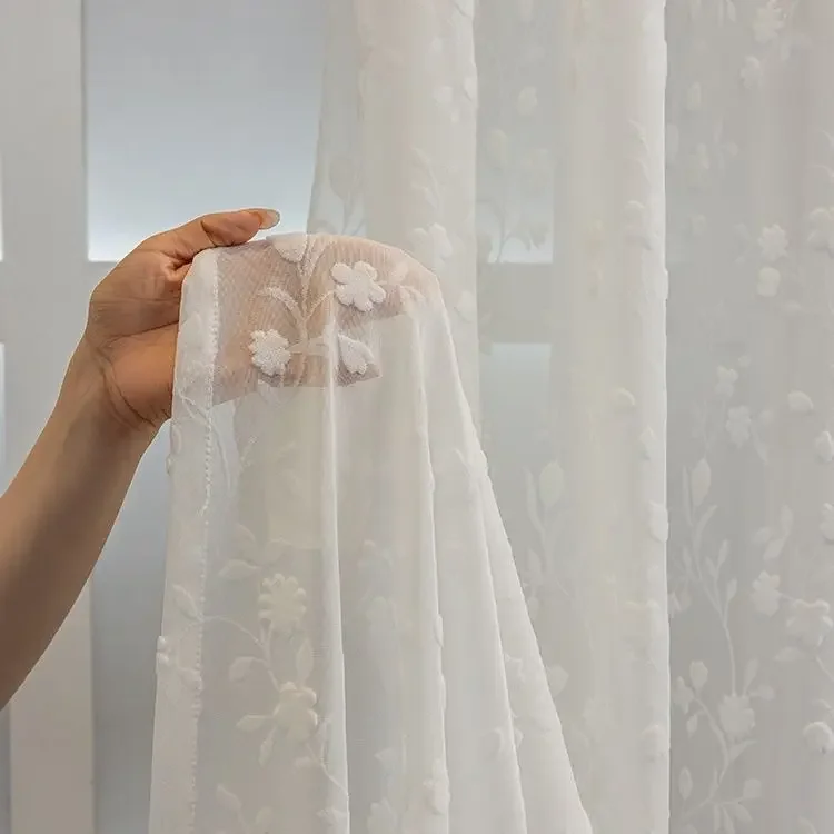 Customized French Relief Romantic Luxury Translucent Gauze Curtain Living Room Bedroom Cream Style White Gauze Window Sheer