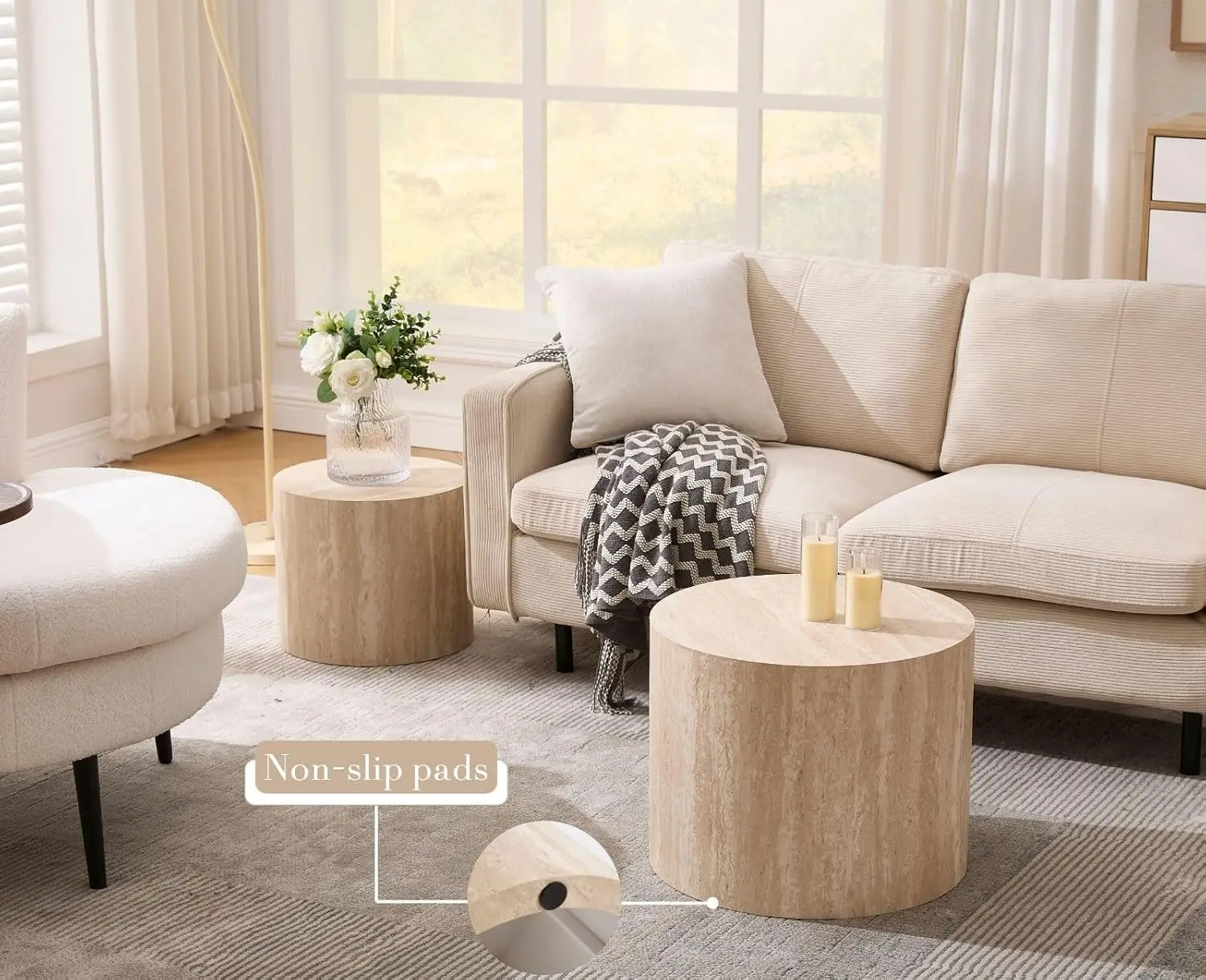 Round Wood Nesting Coffee Table Set of 2, Modern Circle Travertine End Side Table Sets for Living Room, Light Wooden Colo