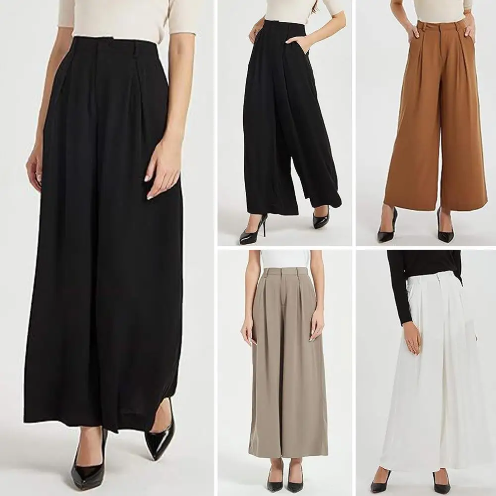 Baggy Pants Fashion Front PocketsWomen Elegant Solid Color High Waist Wide Leg Woman Casual Loose Straight Full Trousers Female