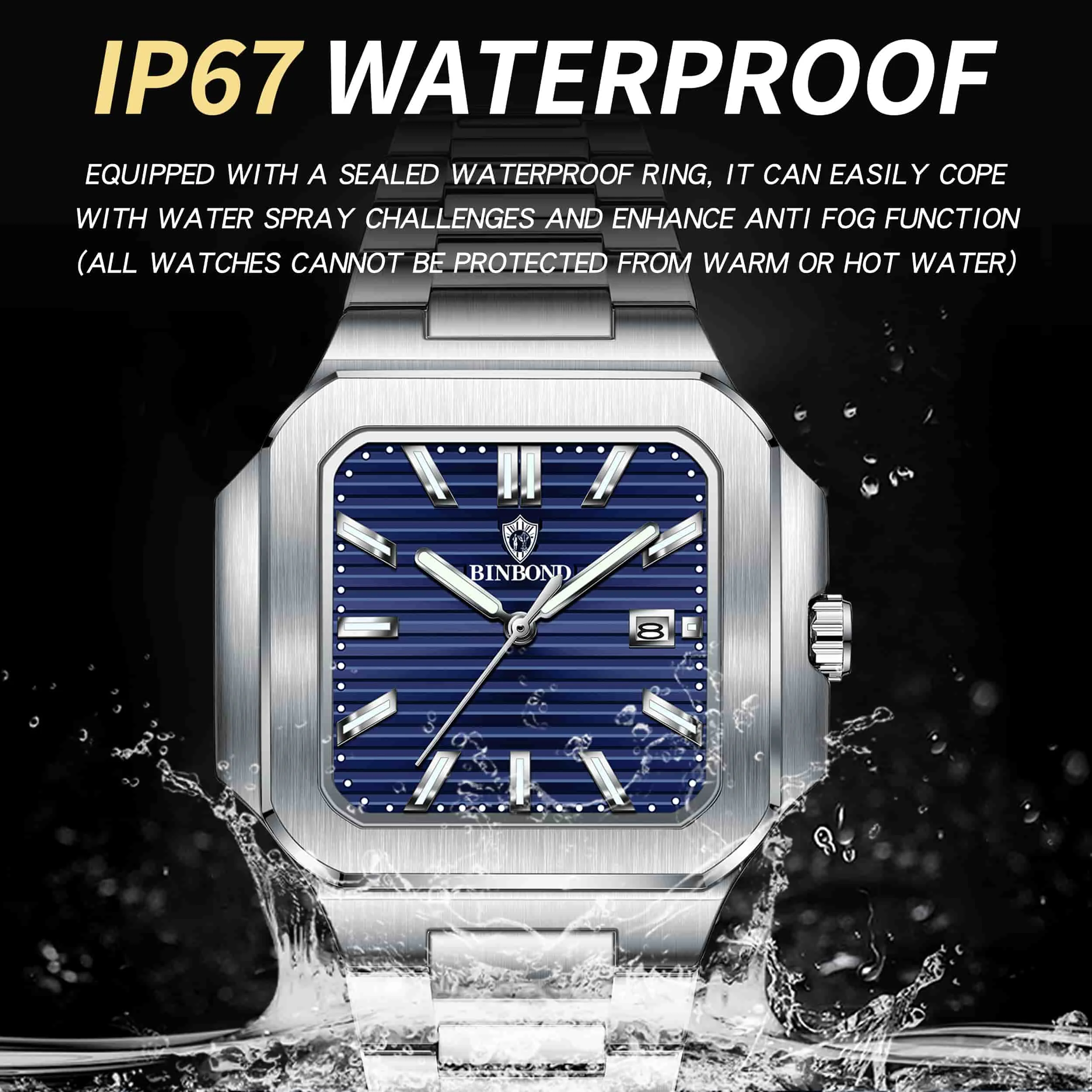 BINBOND Mode Mannen Horloge Lichtgevende Waterdichte Chronograaf Datum Man Horloge Vierkant Roestvrij Staal Quartz heren Horloges Reloj