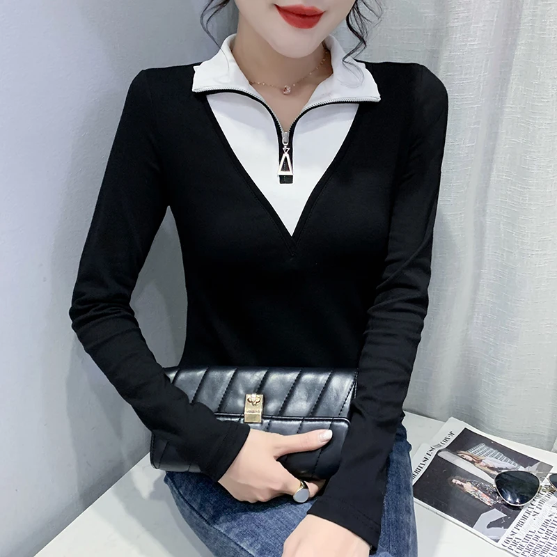 

2023 New Fall Winter Korean Clothes T-Shirt Women Chic Sexy Turn-down Collar Zipper Color Blocking Tops Long Sleeve Tees 37094