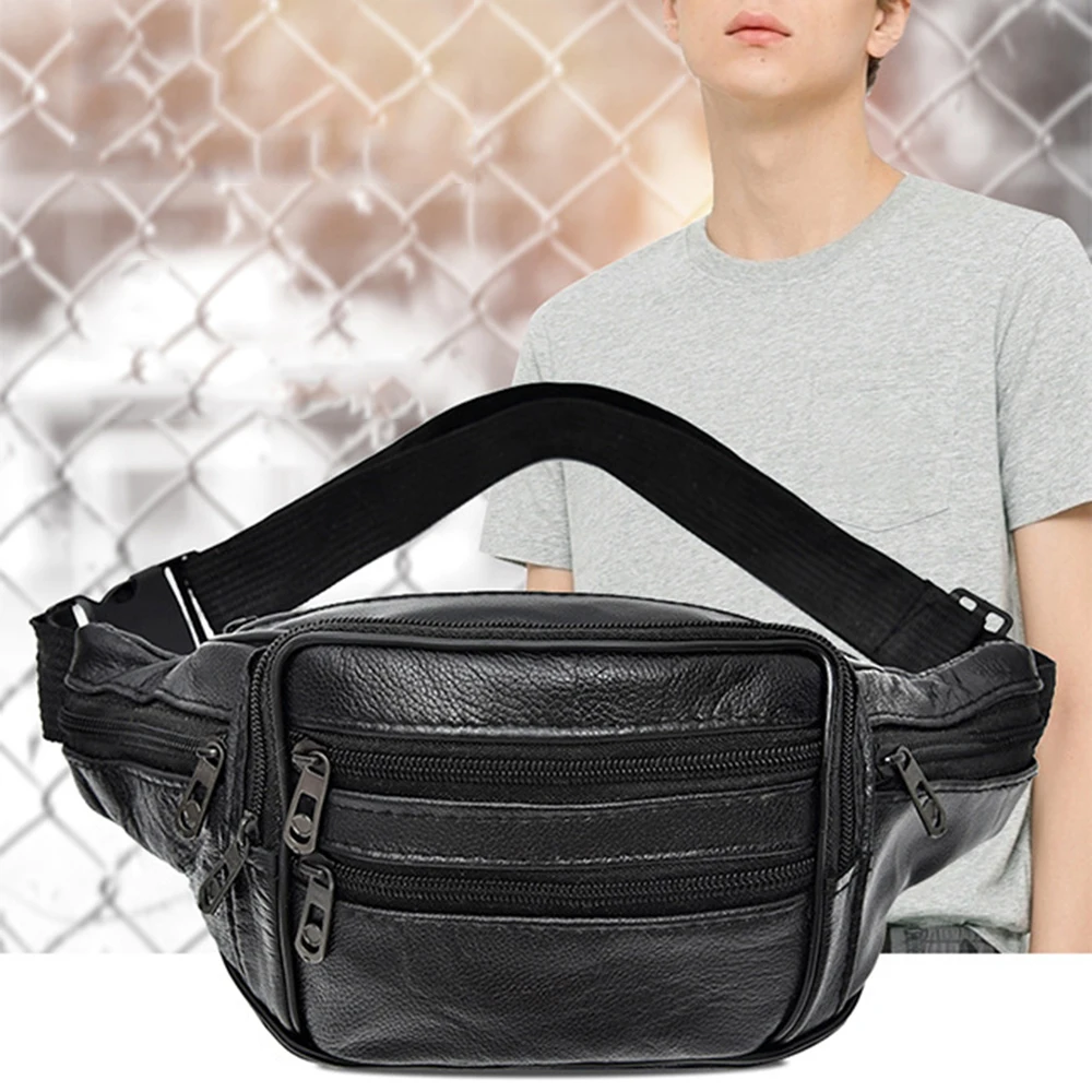 Solid Color Men's Waist Bag Multi-layered Adjustable Genuine Leather Chest Pouch Wear-resistant Large Capacity Hip Belt Bag