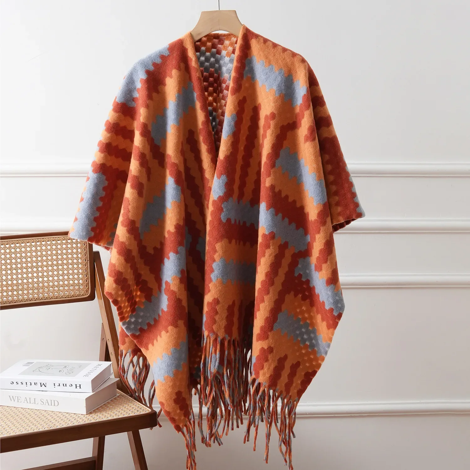 Colorful Ethnic Style Long Shawl Wrap with Tassels Women Reversible Cloak Poncho for Travel Warmth Outwear