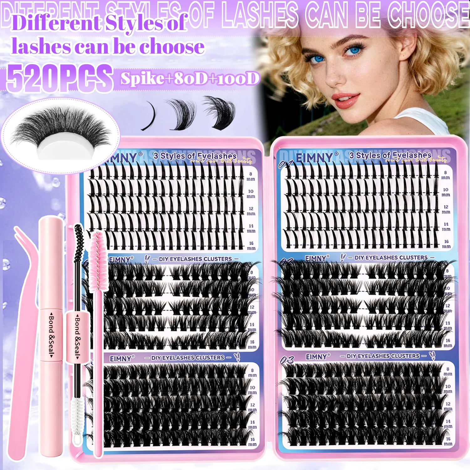EIMNY 520PCS Cluster Lashes All-In-One Complete DIY Lash Extension Kit Comes Application Perfect For Makeup Newbies Reusable