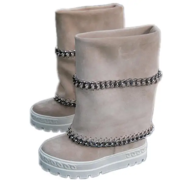 

Beige Color Chains Decor Lady Platform Mid-calf Boots Fashion 10cm Increasing Heel Wedge Boots Woman Comfortable Casual Boots