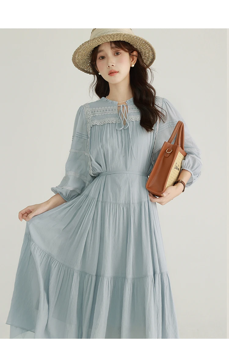 เดรสยาวลูกไม้สไตล์วินเทจพลิ้วไหว ดีไซน์หรูหราสำหรับผู้หญิง เอวสูง แขน 3/4 สไตล์ค็อทเทจคอร์ โบโฮ ชุดลำลองสำหรับฤดูร้อน