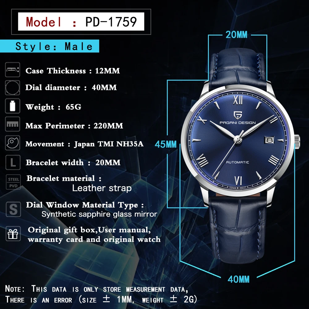 2023 PAGNIDE Design New 40MM Men Automatic Mechanical Watches NH35A Ultra-thin Minimalist Sapphire Dive AR Business reloj hombre