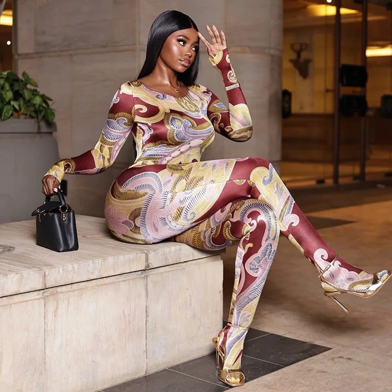 

Printed Skinny Footed Jumpsuits Women Fashion O Neck Long Sleeve Peach Hips Slim Casual Streetwear Overalls Night Club Rompers