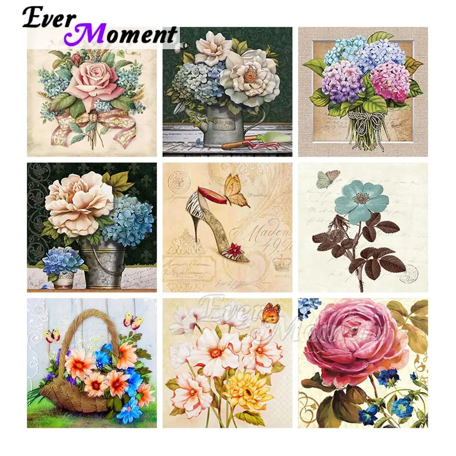 Ever Moment Diamond Painting Retro Flower Rose Picture Full Square Resin Drills Decoration Diamond Display Emboridery 5L546