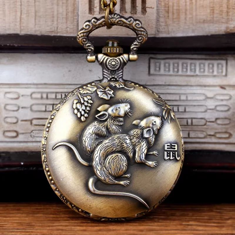 Large bronze thin chain zodiac mouse embossed quartz pocket watch 12 Zodiac mouse pocket watch