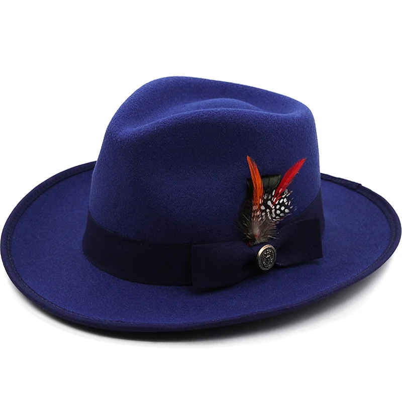 Chapeau en feutre 100% laine pour hommes et femmes, Vintage, Gangster, Trilby, Fedora, avec bande de plumes, à large bord, pour messieurs, élégant, église, Jazz, casquettes