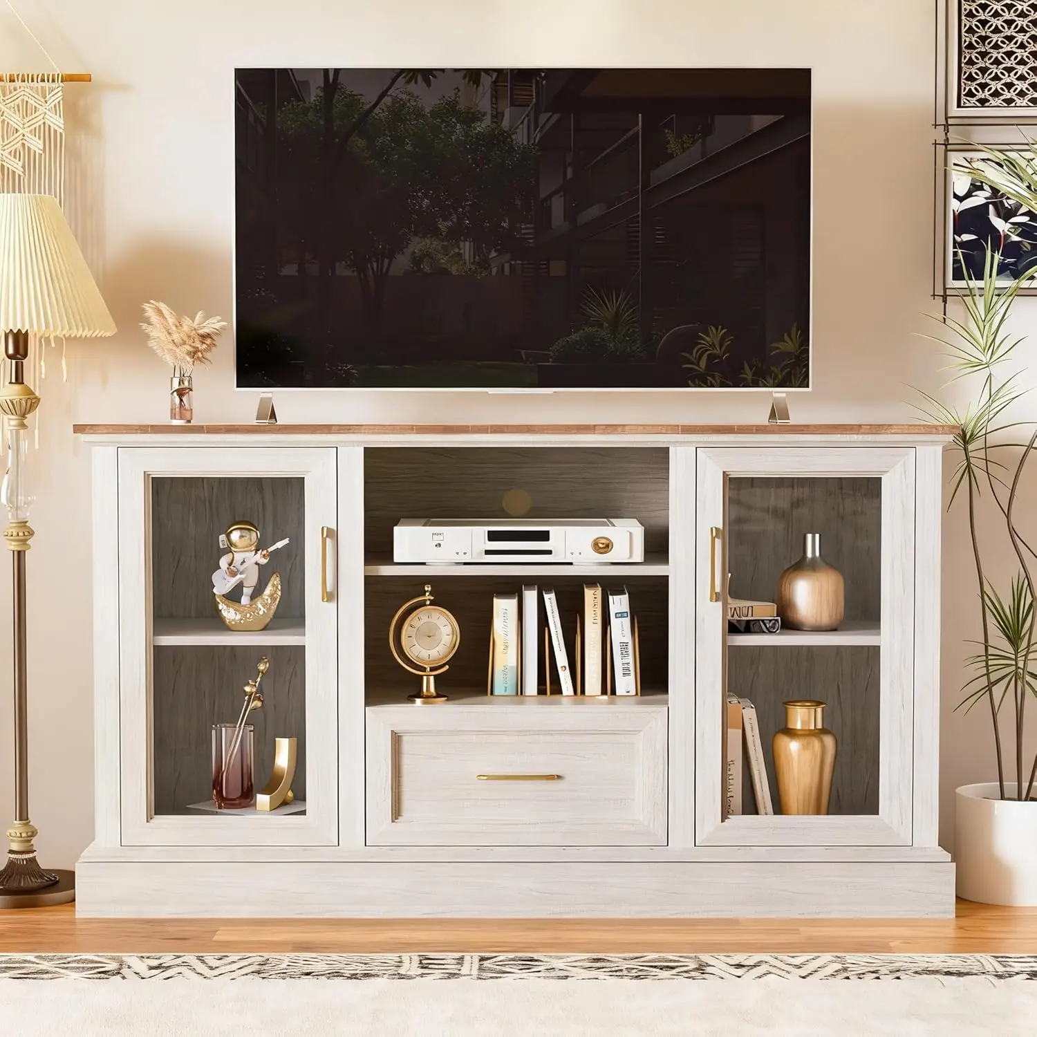 Mori Tall Framed Glass Door Credenza in light beige