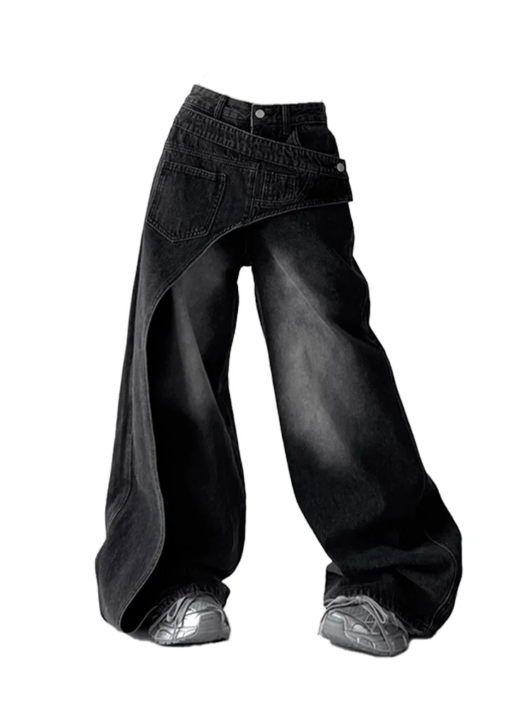 Women's Black Gothic Jeans Baggy Asymmetric Y2K Japanese Harajuku 90s Streetwear Loose Wide Leg Jeans, Pants Clothing 2025 New