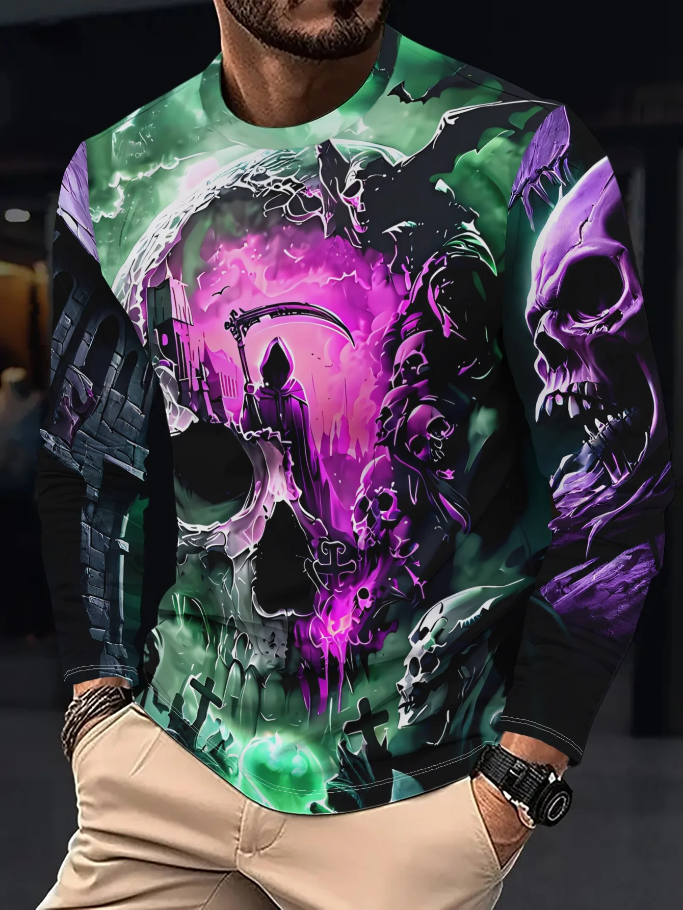 Men Halloween 3D Print Long Sleeve Sweatshirt Reaper Skull Castle Bat Pattern Crew Neck Pullover Casual Party Streetwear Tops