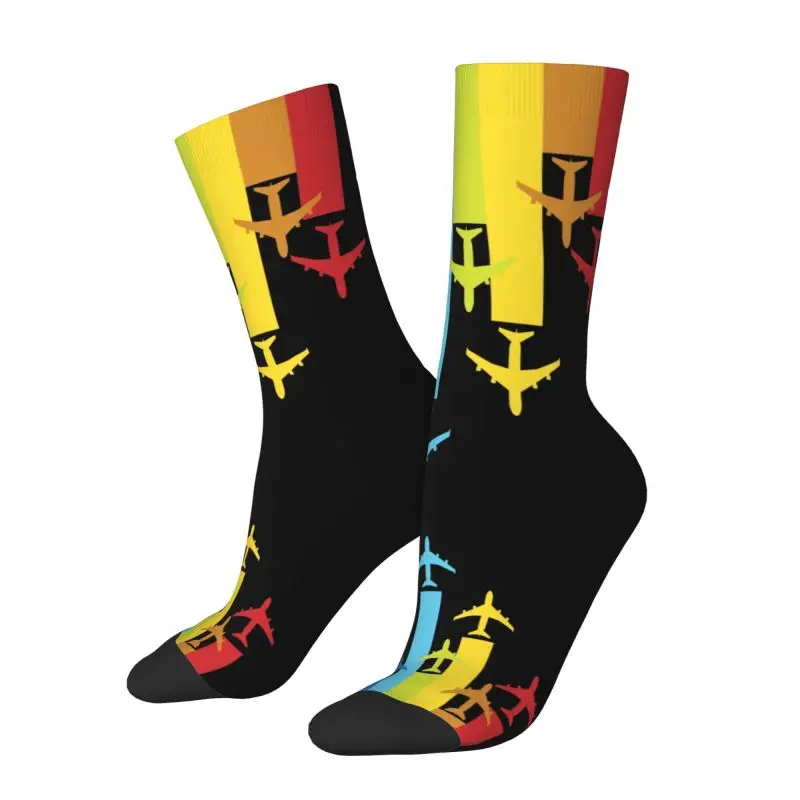 Rainbow Airplanes Chemtrails Men's Crew Socks Unisex Funny 3D Printed Aviation Fighter Pilot Dress Socks