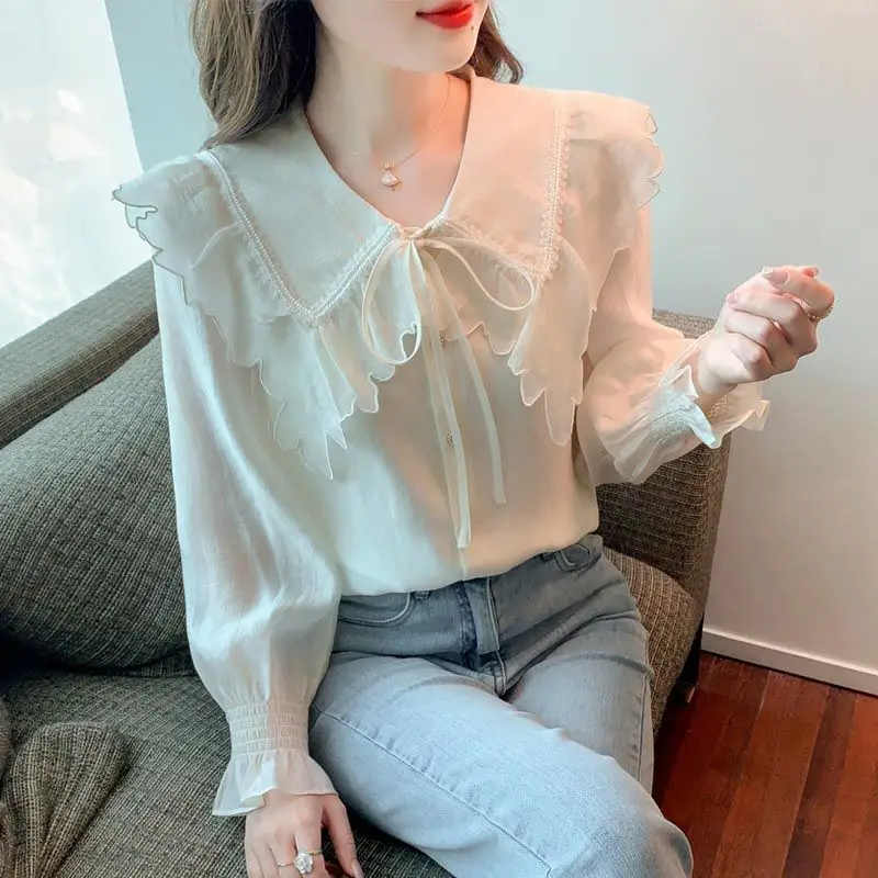 

Sweet Turn-down Collar Spliced Button Folds Loose Chiffon Blouse Female Clothing Casual Single Breasted Office Lady Tops A449