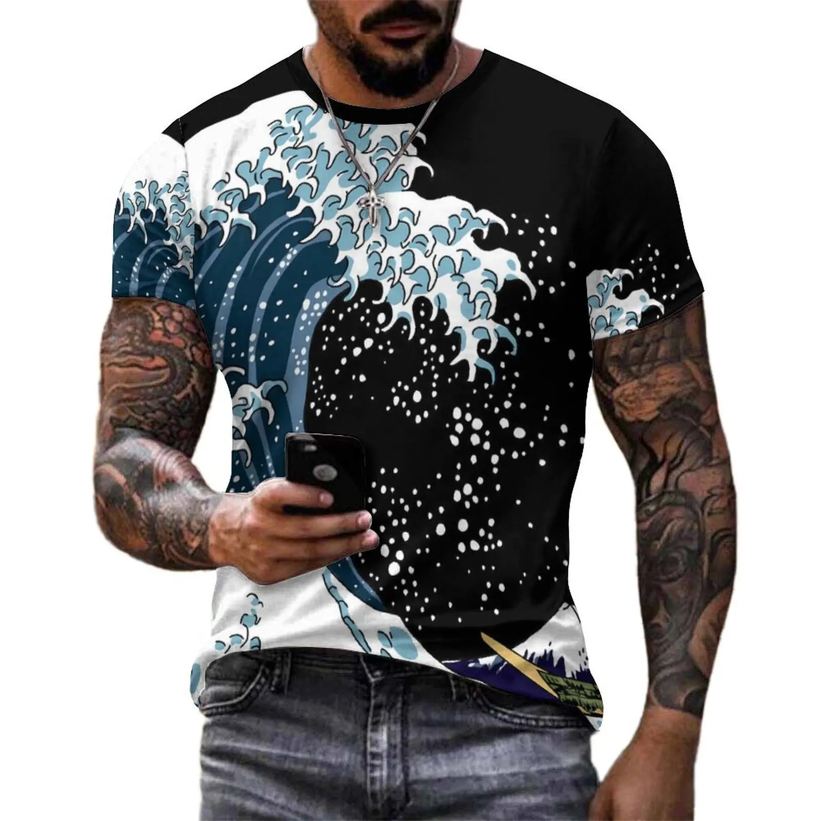 The Great Wave T-Shirt For Men Katsushika Hokusai Graphic O Neck T Shirts Beach Retro Clothing Short Sleeve Plus Size Tee Shirt